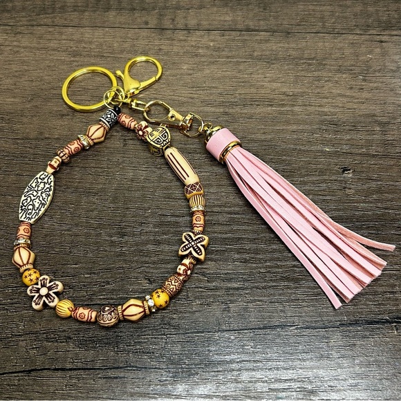 Bohemian Wooden Beads Beaded Keychain with Tassel - Gold and Blush Pink - Picture 1 of 4